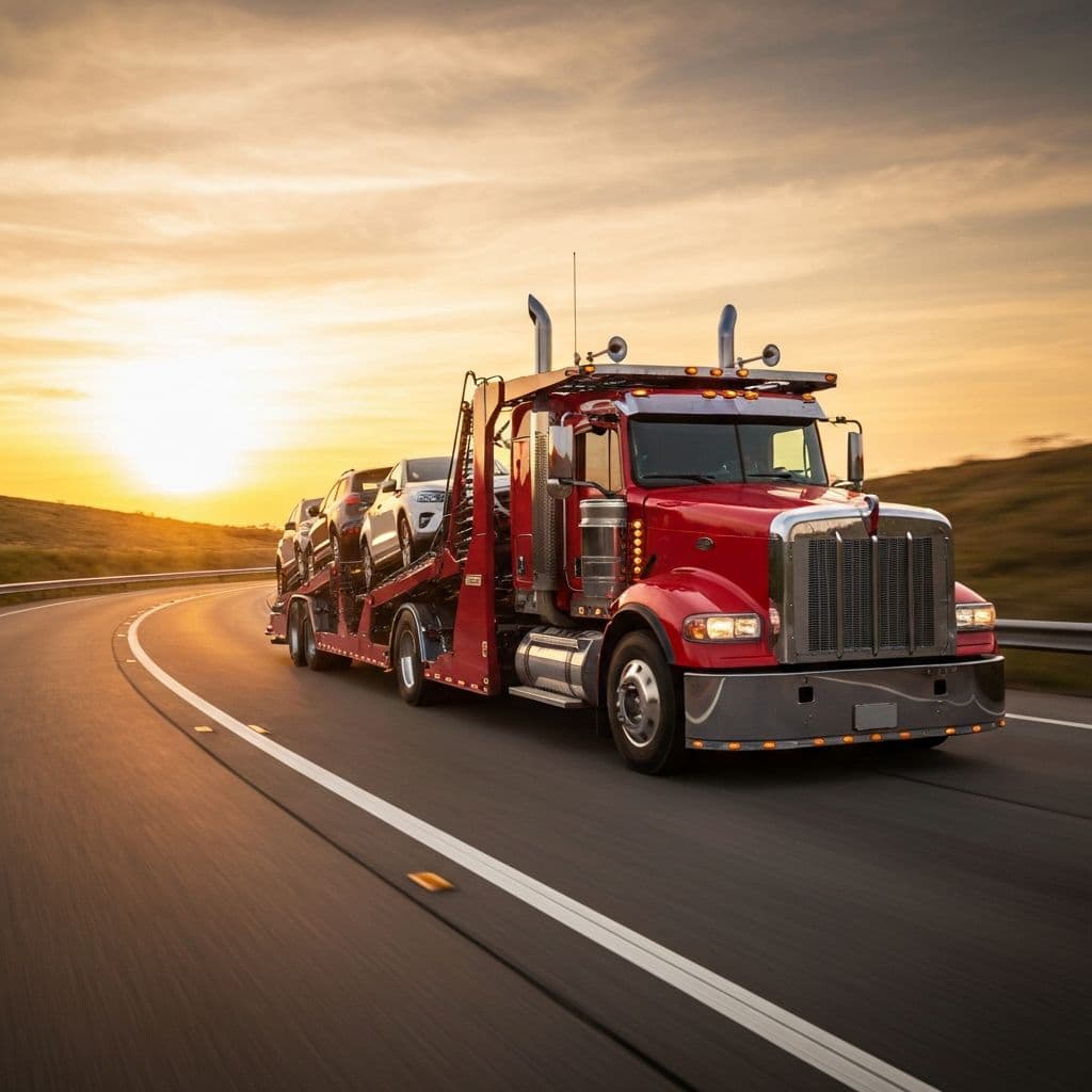 Multi-car carrier truck hauling vehicles on a US highway at sunset